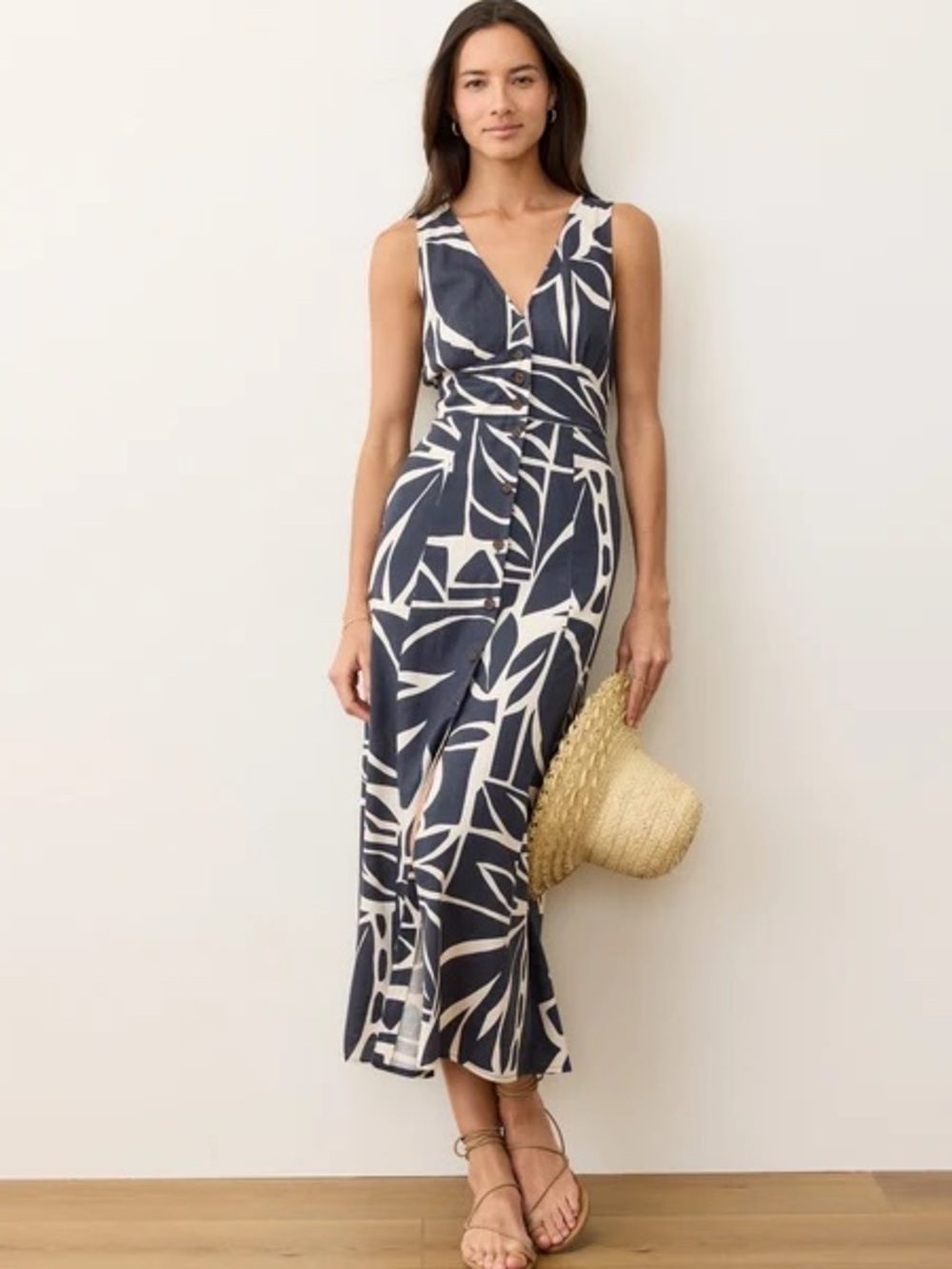 Marine Layer Camila Maxi Dress L Navy Print Long Button Front Coastal Resortwear